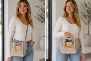 Cream Sherpa Faux Leather Crossbody Bag with Tortoise Handles Adjustable Strap